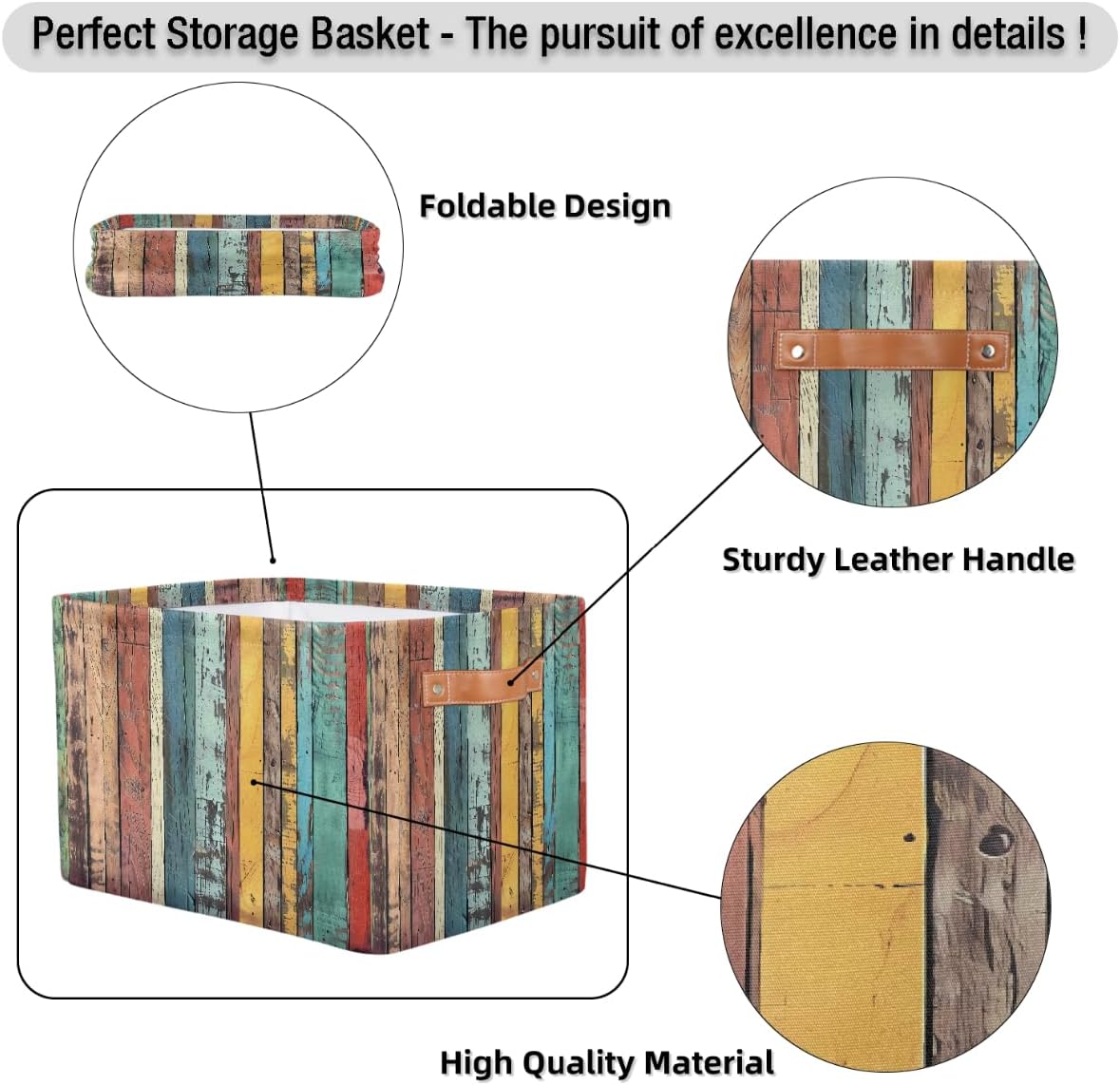 Rustic Wooden Storage Basket for Shelves, Storage Bins with Handles, Collapsible Basket for Organizing, Closet Toy Baskets for Nursery Room, 15x11x9.5 in, Canvas, Rainbow Colored