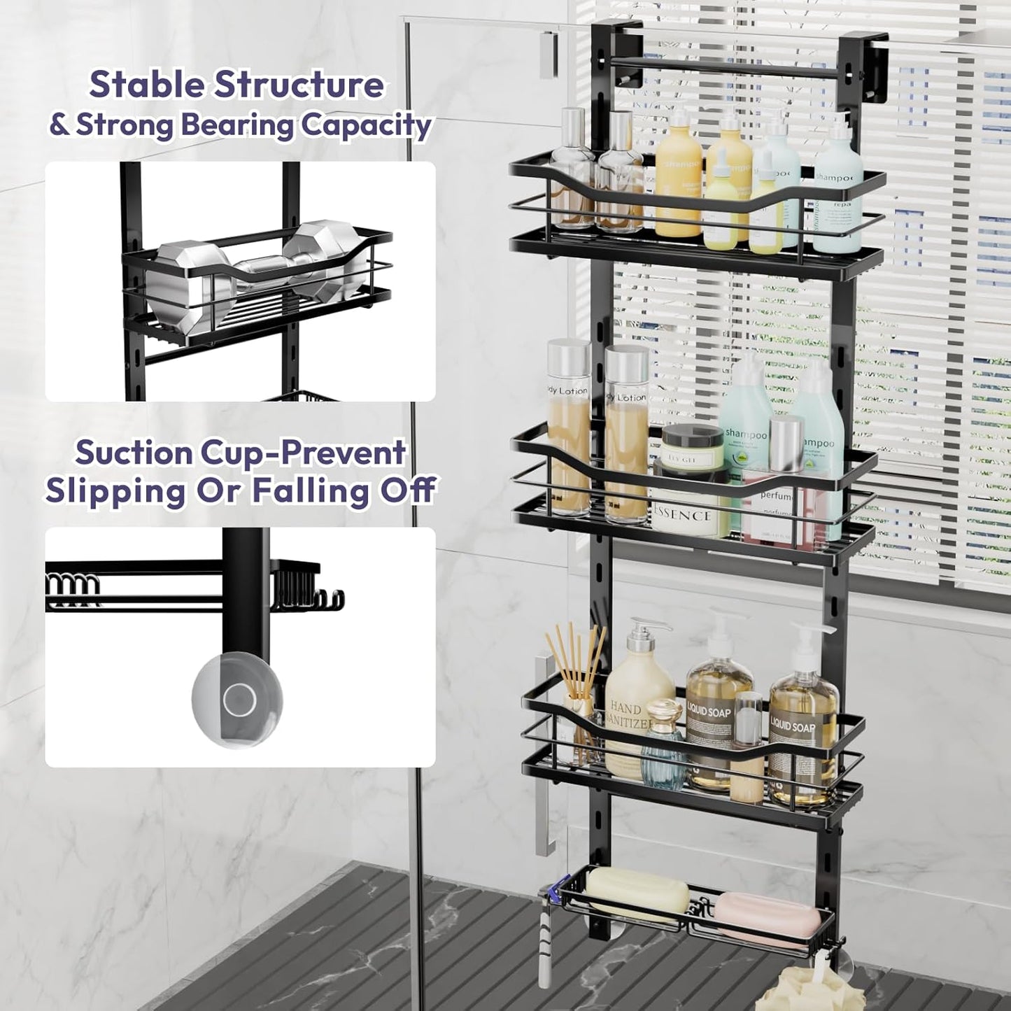 SWTYMIKI Over the Door Shower Caddy - 4 Tier Adjustable Shower Organizer Hanging with Soap Holder, No Drilling Stainless Steel Bathroom Rack Hanging for Body Wash, Shampoo, Soap, Razor, Black