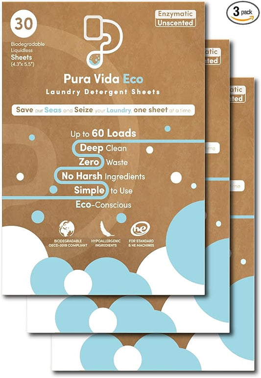 Laundry Detergent Sheets - 90 Sheets (up to 180 Loads) - Unscented - Ideal for Travel, Baby Clothes - Compact, Liquidless, Hypoallergenic, Eco-Friendly, Plastic-Free Solution