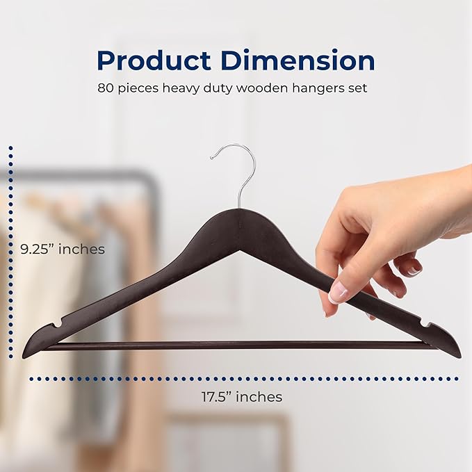 SereneLife 80 Pack Wooden Coat Hangers – Durable Suit Hangers with 360° Swivel Hook & Notches – Slim Design for Shirts, Jackets, Dresses, and More