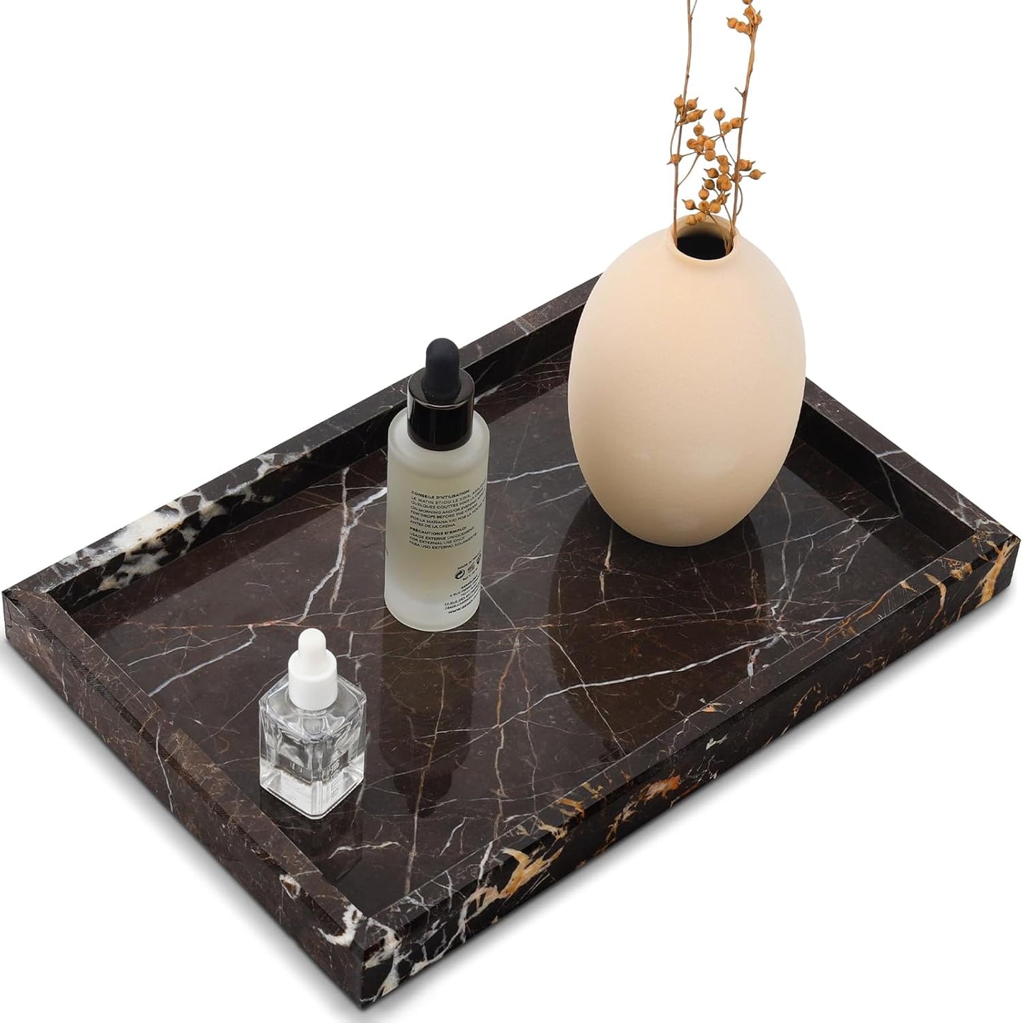 Real Natural Marble Tray for Bathroom, Vanity, Kitchen and Desktop, Rectangle Genuine Marble Stone Tray for Jewelry, Cosmetics, Candles, Lotion, Perfume and Home Decor Brown