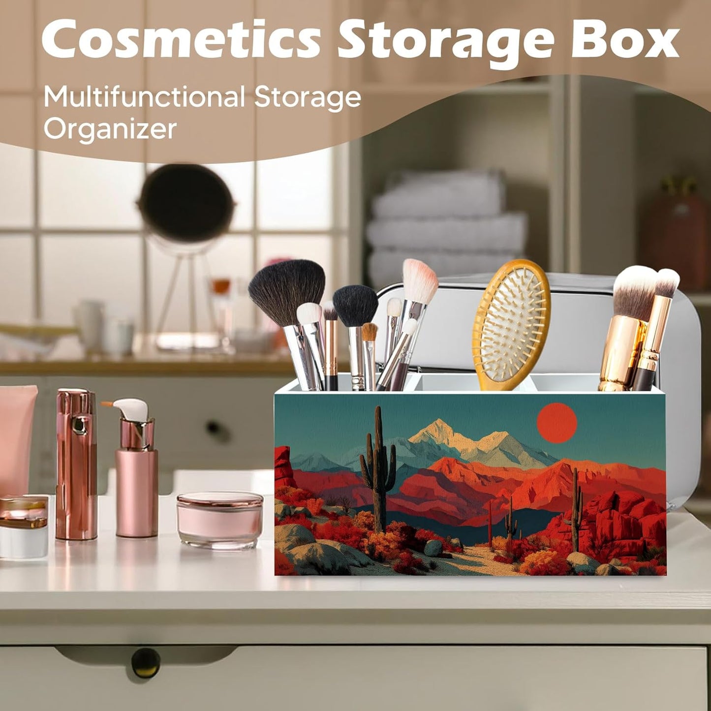 DILSJ Western Boho Pen Pencil Holder Organizer for Desk, Boho Office Decor, Western Mountain Desert Cactus Landscape Wooden Box Signs for Home Office Desk Tabletop Decoration