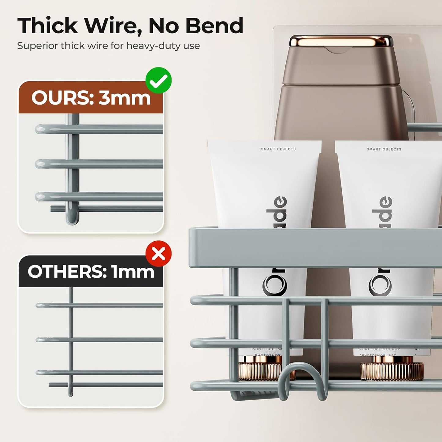 Orimade Adhesive Shower Caddy Soap Dish Holder Shelf with 5 Hooks Bathroom Organizer Basket Kitchen Storage Rack Wall Mounted No Drilling Stainless Steel - 3 Pack, Light Blue Grey