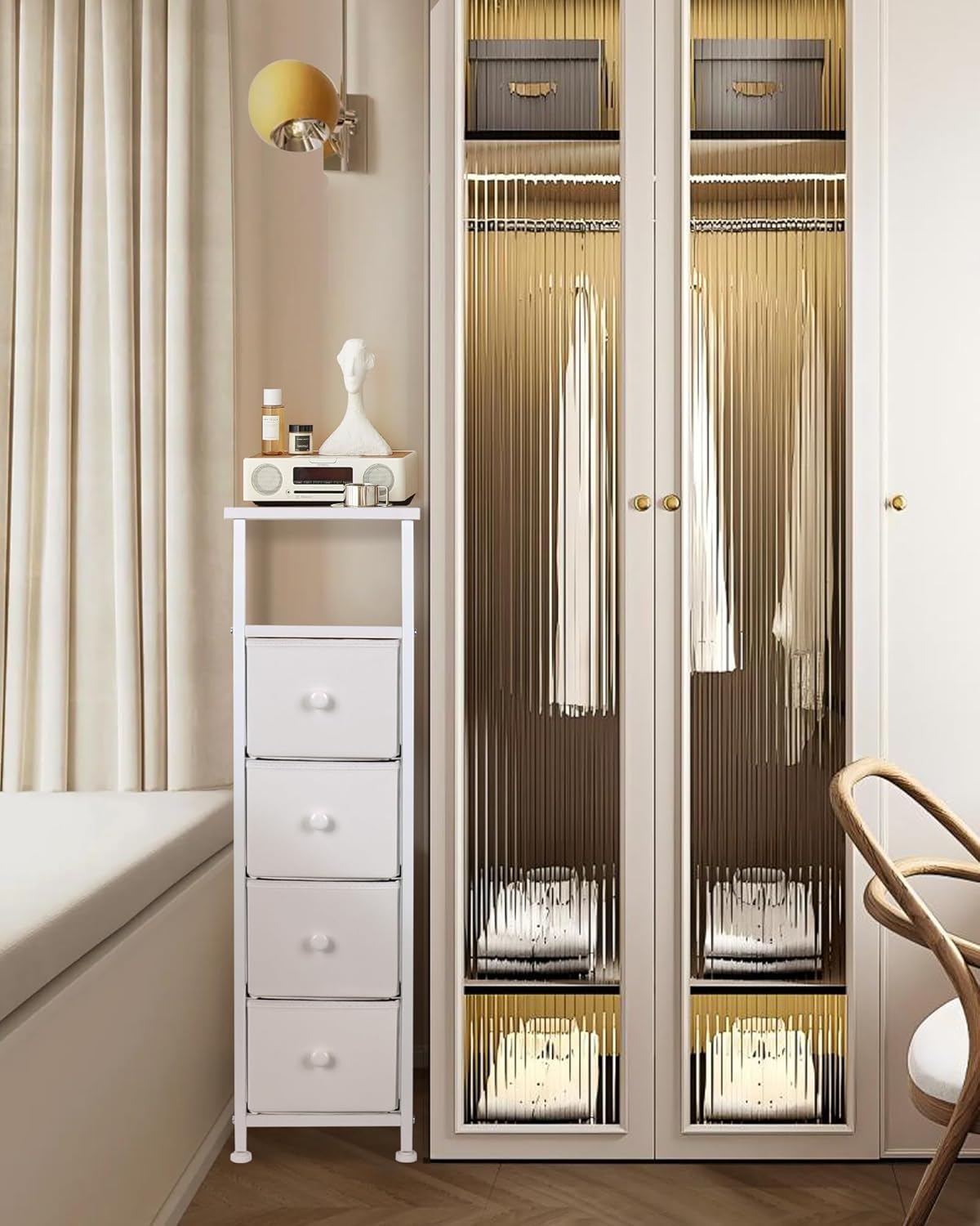 Narrow Dresser for Bedroom, Fabric Tall Dresser & Chests of Drawers with 4 Drawers, Vertical Organizer Storage Tower Unit for Bedroom, Hallway, Entryway White