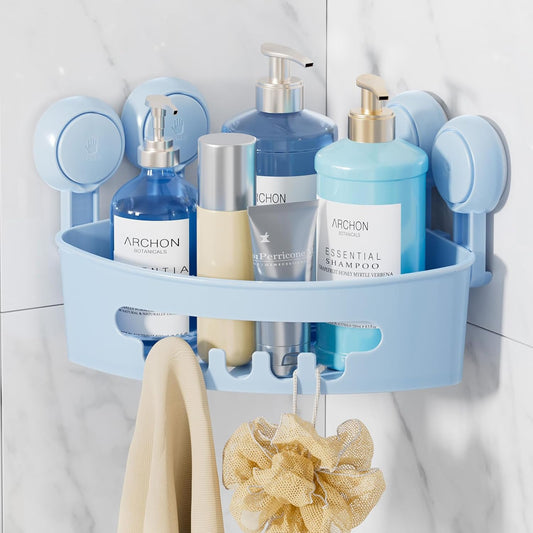 LEVERLOC Corner Shower Caddy Suction Cup, Shower Caddy Basket Powerful Suction Bathroom, Waterproof & Rustproof Organizer for Bathroom Storage, No-Drilling Removable (Blue)