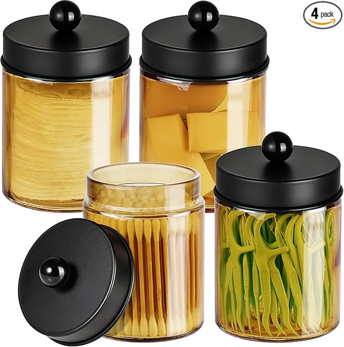 Amolliar Bronze Glass Apothecary Jar, Qtip Holder Metal Lid & Stickers, Bathroom Qtip Dispenser Storage Canister, Perfect for Cotton Balls, Cotton Swabs, Makeup Pads, Bath Salt, Floss, 4 Pack (Black)