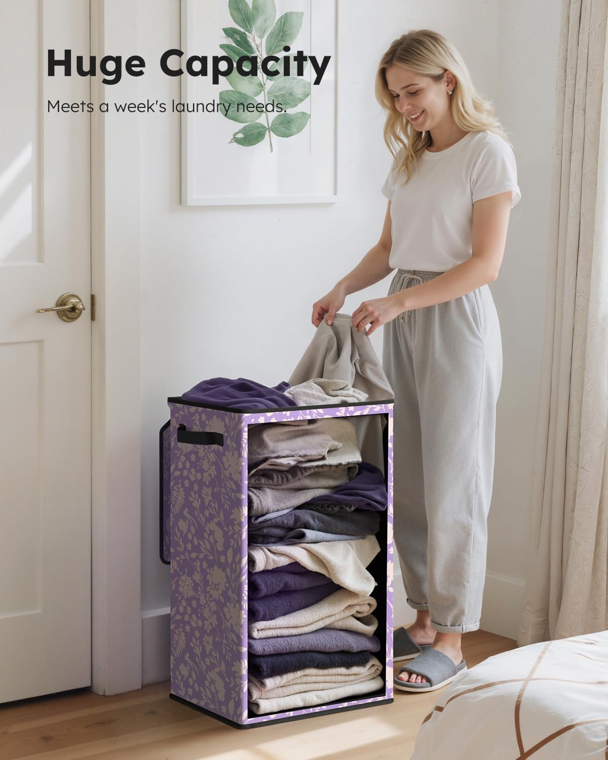 SOLEDI Laundry Hamper with Lid, 90L Tall & Large Floral Laundry Basket, Collapsible Clothes Hamper with Removable Bag, Dirty Hampers for Bedroom, Bathroom, Laundry Room