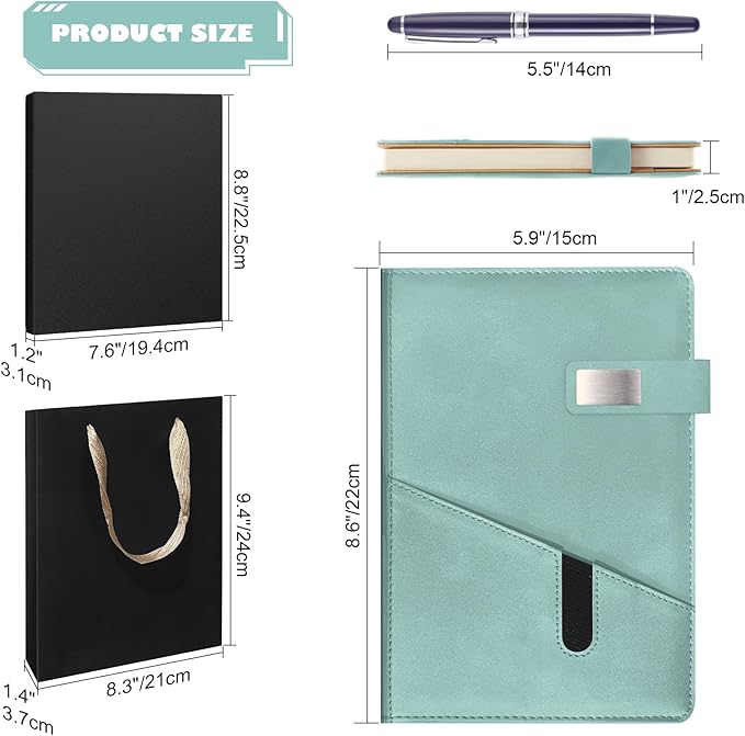 A5 Lined Leather Notebook and Pen Set with Gift Box, 240 Pages Refillable Journal with Pocket and Magnetic Buckle, Hardcover Daily Diary for Men and Women Business Travel Personal Writing- Light Green