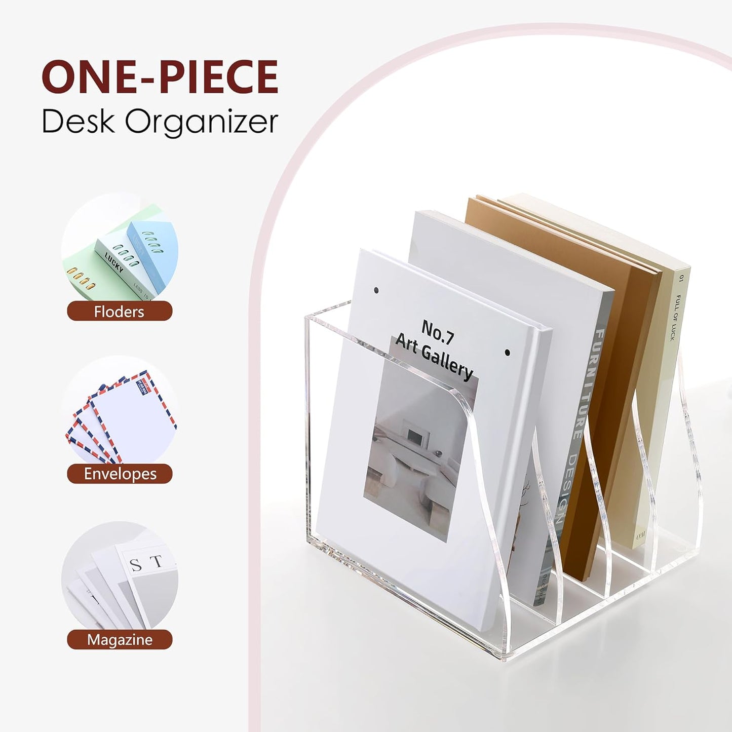 SANRUI Acrylic File Organizer, Compact Desk Organizer for Folders, Binders, Notebooks, Envelopes, Vertical Binder Storage Organizer, 4 Section Bookshelf for School Home Office Organization