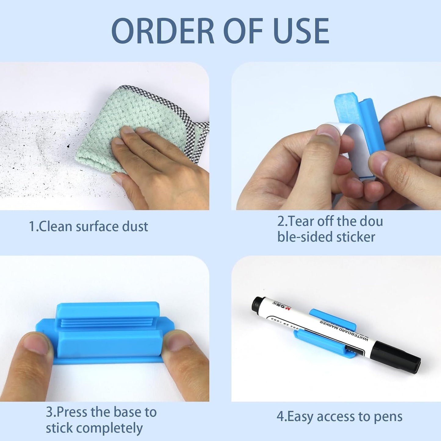 Pencil Holder for Desk Set of 20, Adhesive Pen Holder with 20 Extra Upgraded Stickers, Silicone Pen Holders & Marker Clip for Walls, Clipboards, Classroom, Office, Teacher Accessories Supplies (Blue)