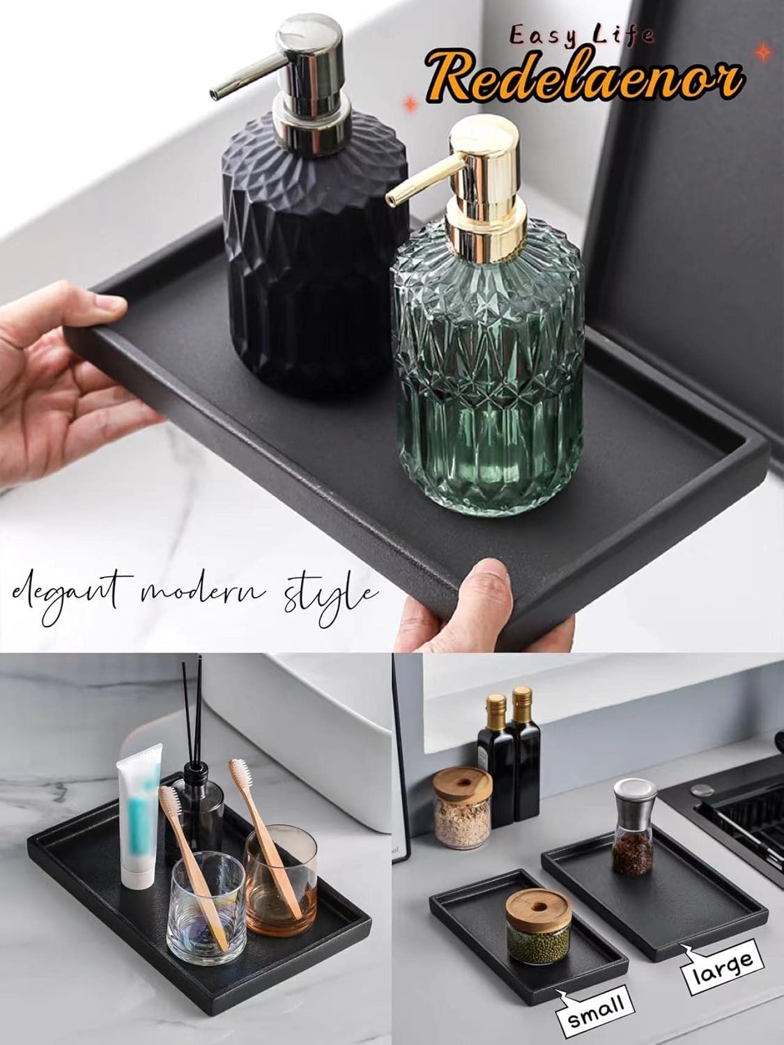 Ceramic Makeup Tray Redelaenor, Black Bathroom Accessories Holder for Kitchen Sink Organizer and Home Decorative Tray Rectangle Small Bathroom Sink Trays for Counter