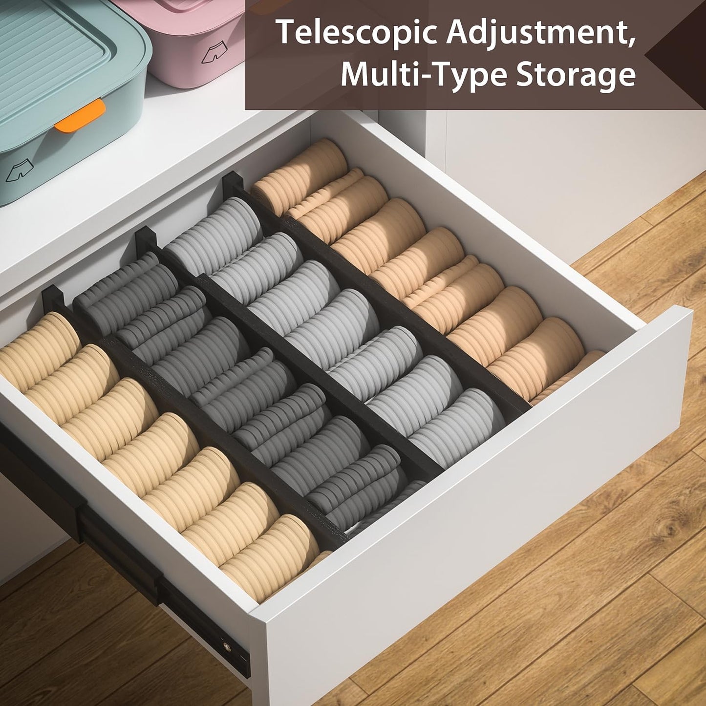 4 PCS Drawer Divider, 17"-22" Adjustable Bamboo Drawer Dividers Organizers, Expandable Separators for Kitchen, Clothes, Dressers, Home, Office, Black