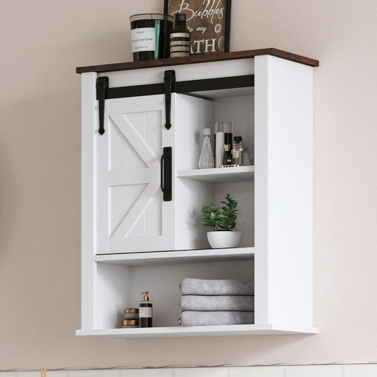 28" Wall Cabinet, Wooden Medicine Cabinet Adjustable Shelves, Over Toilet Storage Cabinet with Sliding Barn Door for Bathroom/Kitchen/Laundry, Brown with White