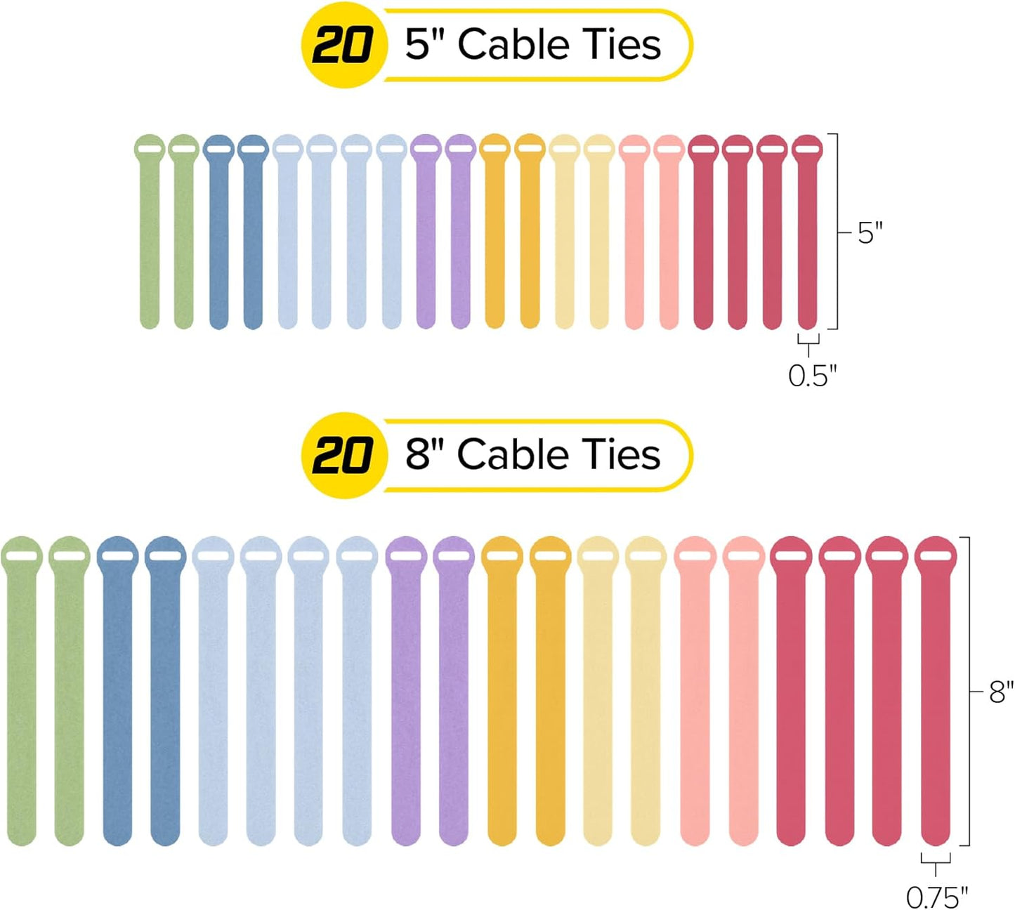 Self-Gripping Cable Ties by Wrap-It Storage, Macaron, 40 Pack (5 Inch and 8 Inch Straps) – Reusable Hook and Loop Cord Wraps for Home Office Desk Organization