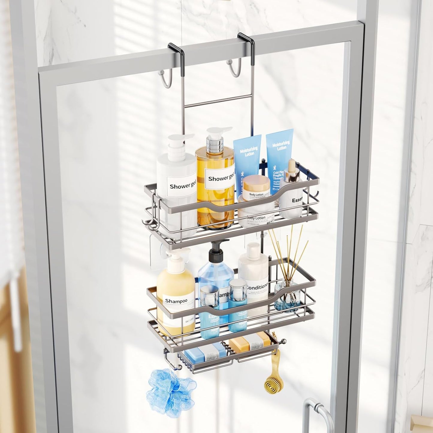 Consumest Over The Door Shower Caddy - 3 Tier Shower Organizer Hanging with Soap Holders, Large Capacity Shower Shelves with 6 Hooks, Bathroom Rack and Storage, Sand Nickel