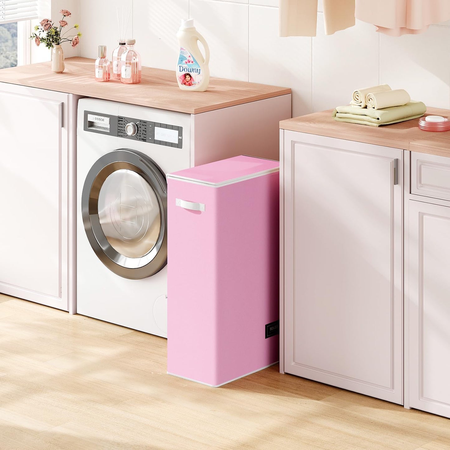 SOLEDI Slim Laundry Hamper with Lid, Narrow Laundry Basket with Removable Bags, Dirty Clothes Hamper with handle, Small Hamper perfect for Laundry room, Bathroom, Bedroom, Small spaces. 70L Pink