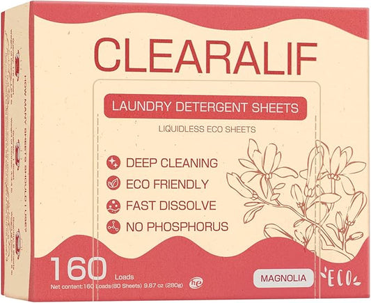 Laundry Detergent Sheets Up to 160 Loads, Magnolia - Great For Travel,Apartments, Dorms,CLEARALIF Laundry Detergent Strips Eco Friendly & Hypoallergenic - 80 Sheets