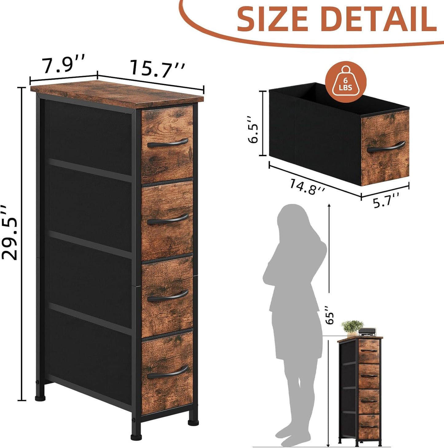 Somdot Narrow Dresser with 4 Drawers, Slim Storage Organizer Chest of Drawers with Removable Fabric Drawers for Small Spaces Bathroom Closet Bedroom Laundry, Wood Grain Print