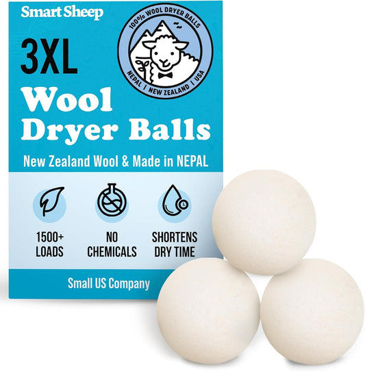 Wool Dryer Balls - Smart Sheep 3-Pack - XL Premium Natural Fabric Softener Award-Winning - Wool Balls Replaces Dryer Sheets - Laundry Balls