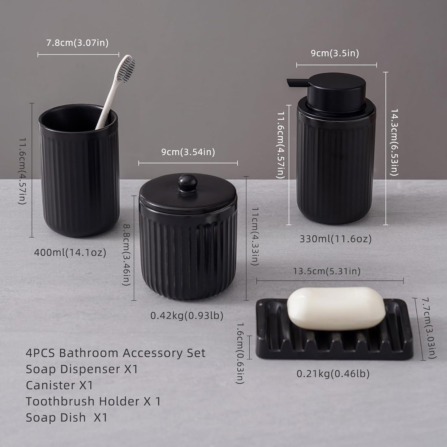 Ceramic Bathroom Accessories Set,Foam Soap Dispenser and Toothbrush Holder Set, Soap Dish, Apothecary Jars,Rustic Farmhouse Decor, Bathroom Home Decor (Black Set, Foam)