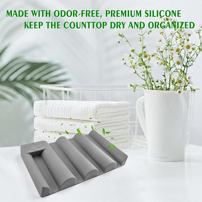 Silicone Soap Dish with Wave Design, Non-Slip, Quick-Drying, Perfect for Bathroom, Kitchen, and Sink Areas (2, Grey1)
