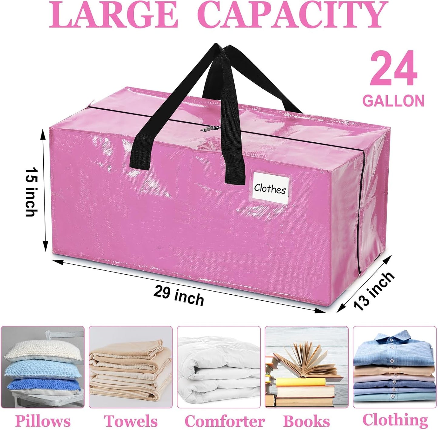 4 Pcs 24 Gallon Large Moving Bags with Zipper and Handles Foldable Storage Duffle Bags Heavy Duty Extra Large Totes for College Dorm Travel Clothes Blankets Bedding Moving (Pink)