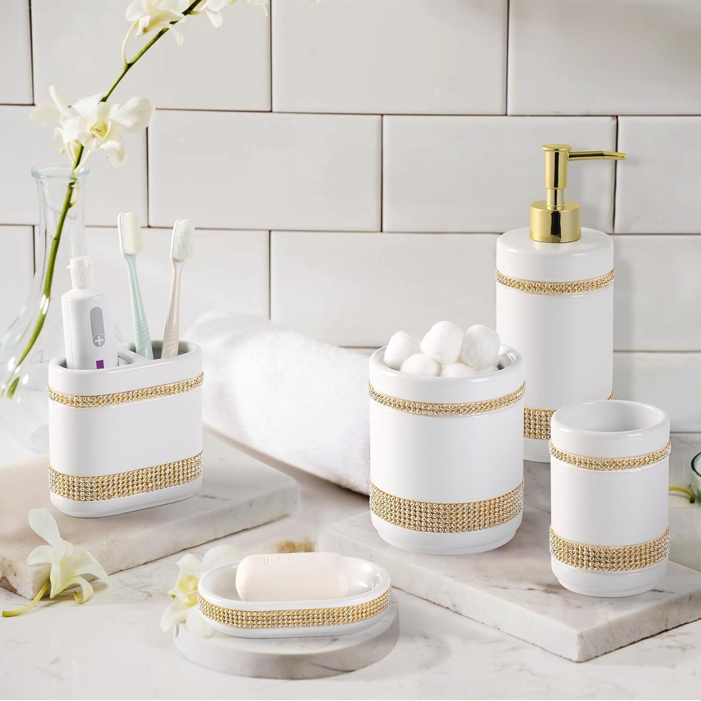 Bathroom Accessories Set with Diamonds 5 Pieces Toothbrush Holder Soap Dispenser Ceramic Bathroom Accessory Set Contain Cotton Swab Jar Toothbrush Cup Soap Dish Tumbler