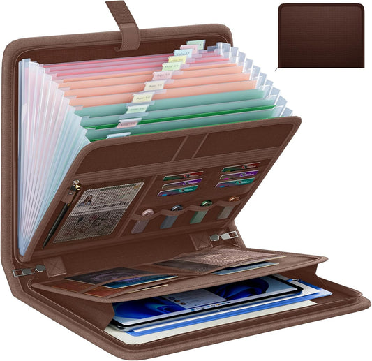 Fireproof Accordion File Organizer, Portable Expanding File Folder with Waterproof Zipper&Labels, Brown Document Organizer with 13 Pockets, File Organizer for Important Document/Paper Storage