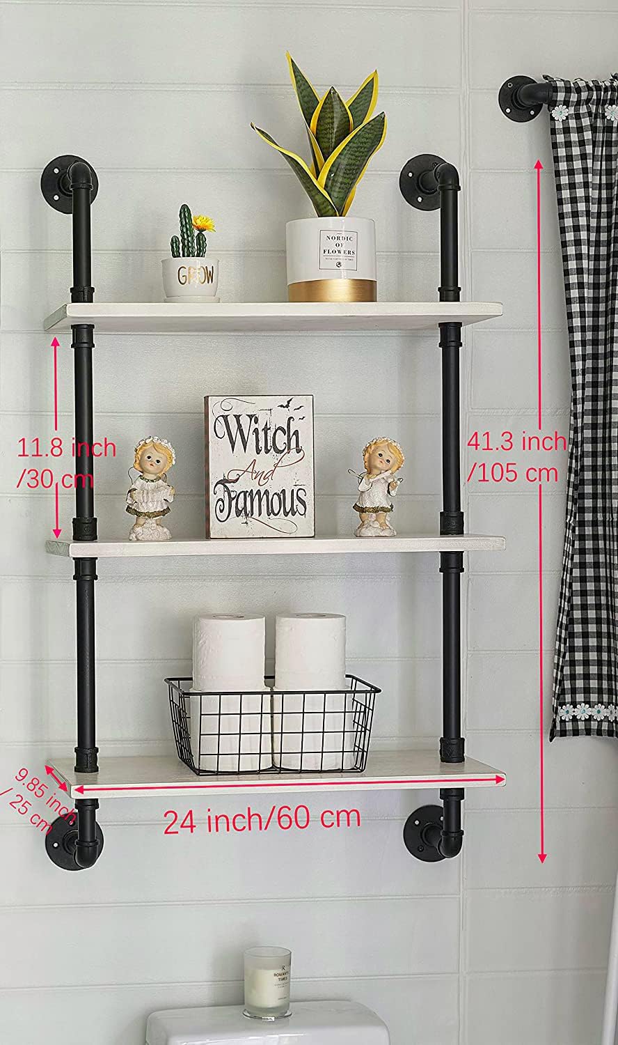 White Floating Shelves 24 inch Pipe Wall Shelves Bathroom Shelves Over Toilet with Wood Planks Industrial Pipe Floating Shelves Farmhouse Bathroom Pipe Shelves Wall Mounted