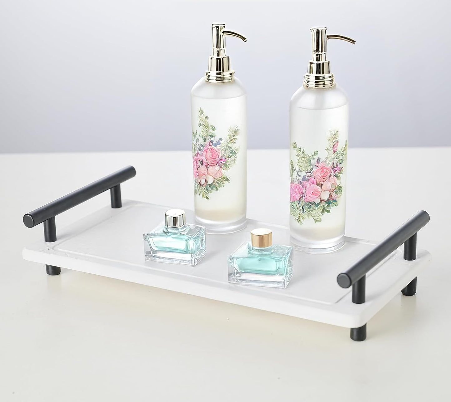 2Pcs Instant Dry Sink Caddy, Water Absorbent Diatomite Tray for Sink, Stone Drying Tray with Metal Handle, Keeping Kitchen and Bathroom Tidy and Clean (White & Black Handle, Large & Small)