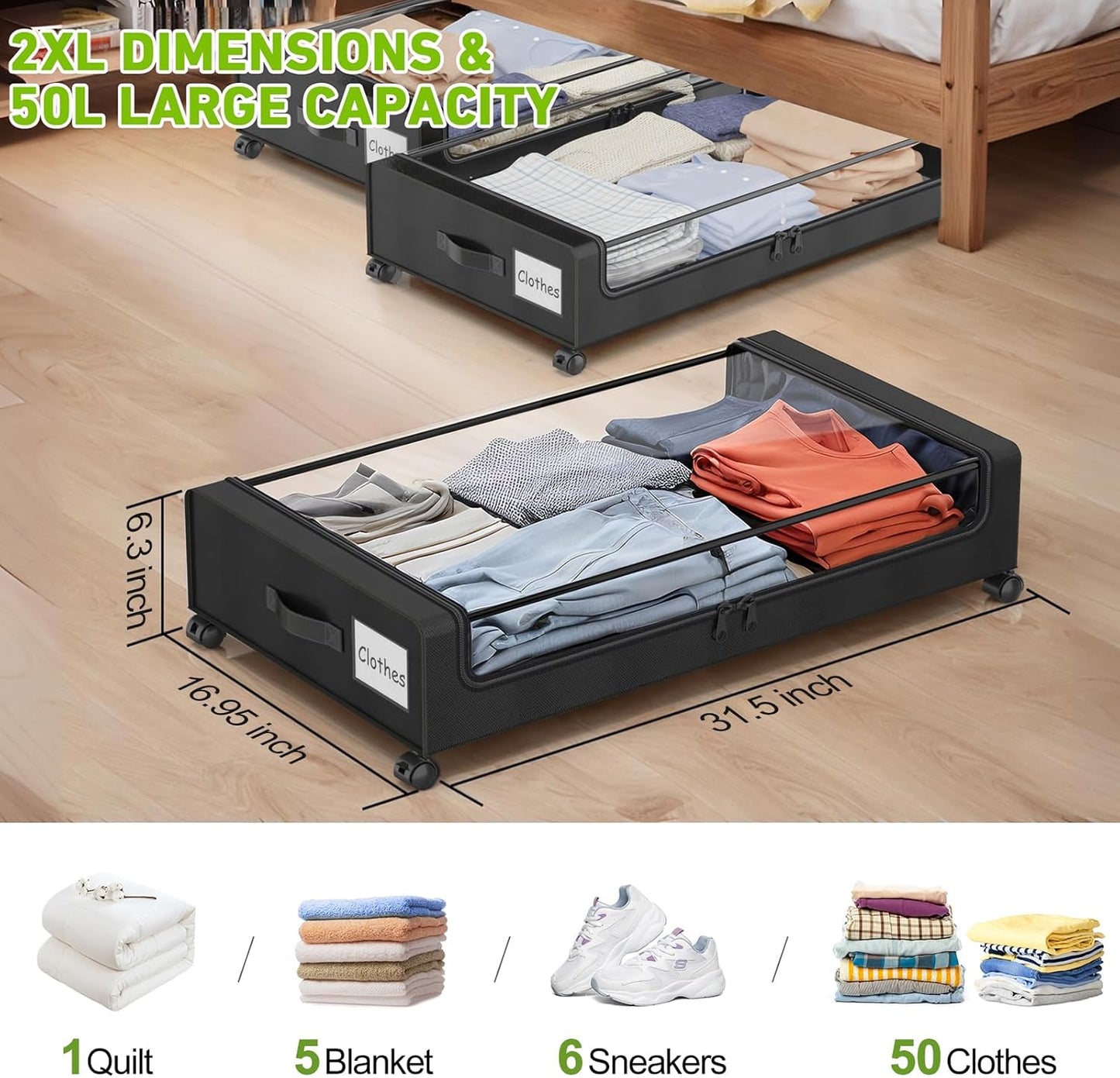 Under Bed Storage with Wheels, 4-Pack Underbed Storage Containers with Clear Lids, Under Bed Shoe Storage Organizer, Rolling Under Bed Storage for Clothes Shoes Blankets (Black)