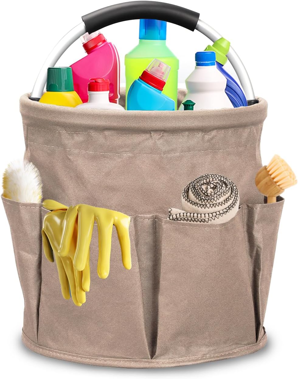 Cleaning Caddy with Handle, 17L Cleaning Supply Caddy Foldable Bucket Organizer Cleaning Products Organizers Cleaning Tools Bag 4.5 Gallon (Khaki)