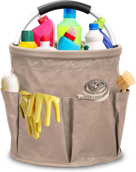 Cleaning Caddy with Handle, 17L Cleaning Supply Caddy Foldable Bucket Organizer Cleaning Products Organizers Cleaning Tools Bag 4.5 Gallon (Khaki)