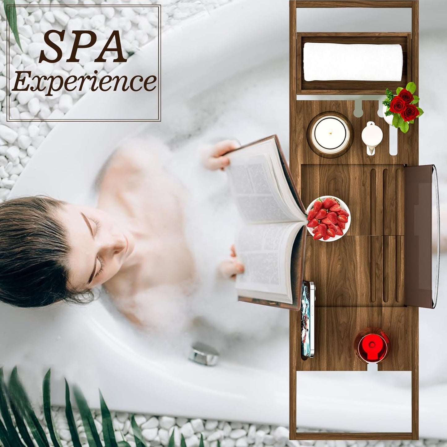 Premium Teak Bathtub Tray Caddy, Wooden Bath Caddy Trays for Bathtub, Bath Tub Wood Tray Table for Tub,Expandable Size, Fits Most Bath Tubs