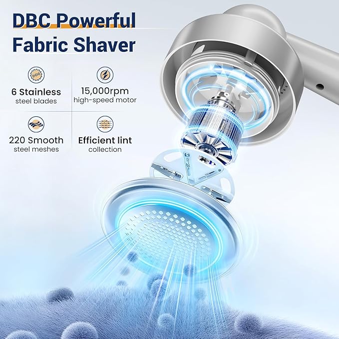 DBC Fabric Shaver, Lint Remover for Clothes with 3-Speeds and 6-Leaf Blades, 2hours runtime, 2 Replaceable Blades, Battery Operated, Sweater Shavers to Remove Pilling for Clothing, Lint Ball - Grey