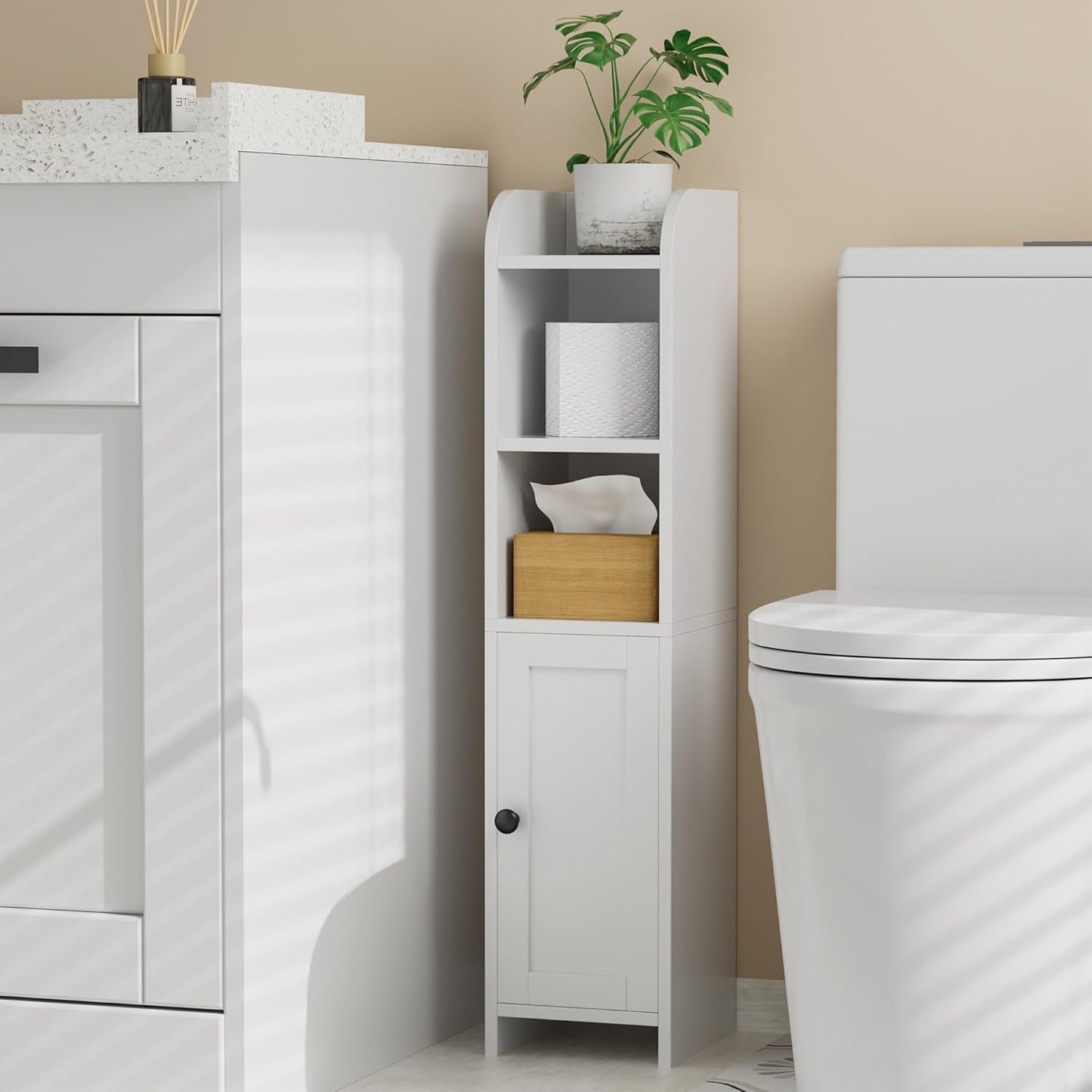 Homhedy Small Bathroom Storage Corner Floor Cabinet with Door and Shelves, Beside The Toilet Paper Stand for Skinny, Narrow Toilet Paper Cabinet, 7.9" D x 7.1" W x 31" H, White