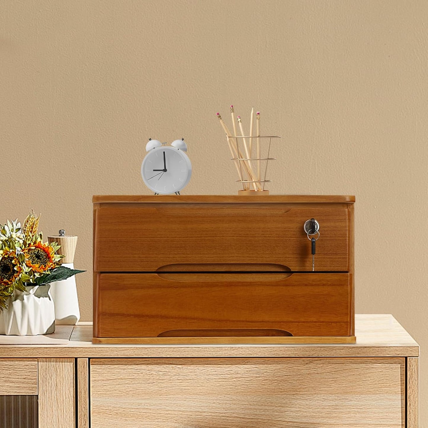 2-Tier Wooden Desktop Storage Box Desk Organizer with 2 Drawers and Lock Countertop Drawers Organizer for Office Supplies File Paper Cosmetic Jewelry, 15.4x11.8x8.5 in (Light Brown)