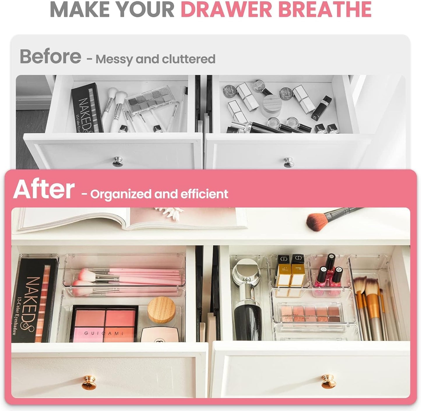 HOUSE DAY Makeup Drawer Organizer Trays 24 PCS, 4-Size Clear Drawer Organizers with Silicone Pads, Vanity Organizers and Storage, Non Slip Plastic Drawer Organizer for Desk, Bathroom, Kitchen, Office