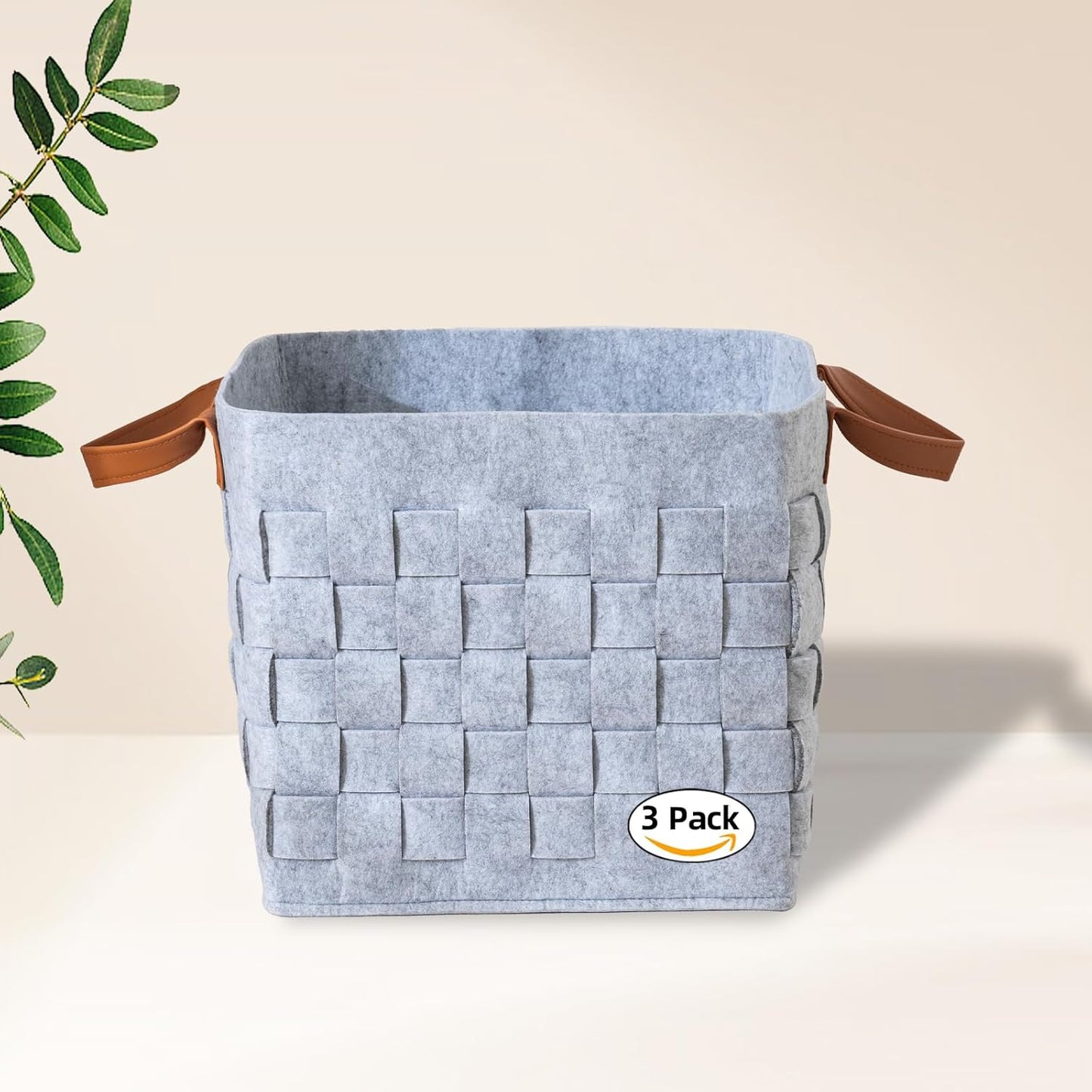 Storage Basket 3 Pack, 13" x13" x13 " Large Blanket Baskets with Leather Handle, Cube Felt Fabric Storage Box for Shelves, Bedroom, Nursery, Living Room - Light grey