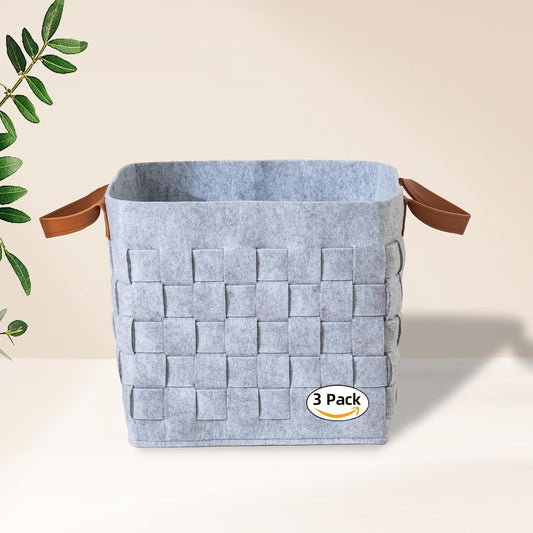 Storage Basket 3 Pack, 13" x13" x13 " Large Blanket Baskets with Leather Handle, Cube Felt Fabric Storage Box for Shelves, Bedroom, Nursery, Living Room - Light grey