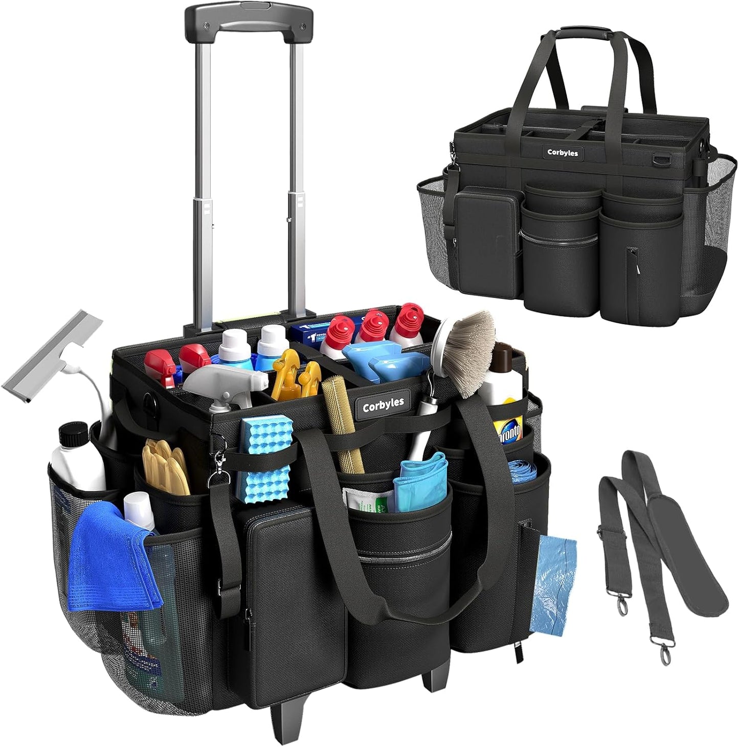 Rolling Cleaning Caddy Bag with Detachable Trolley, Cleaning Supplies Organizer Cart on Wheels, Cleaning Supply Caddy for Housekeepers, Large Professional Detailing Bag Tote for Home, Car (Black)