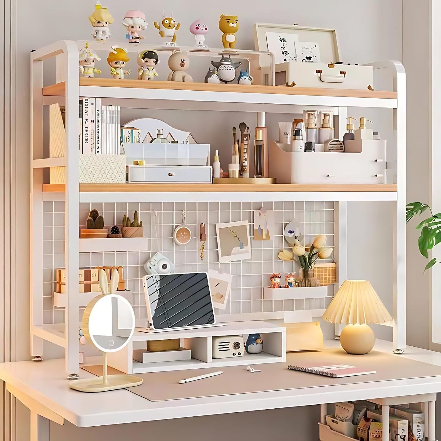 Desk Shelf Organizer with Metal Grid, 2-Tier Desktop Bookshelf, Rustic Wood & Metal Desk Hutch for Home Office and Dorm (White, 37.4" L × 7.9" W × 38.6" H)