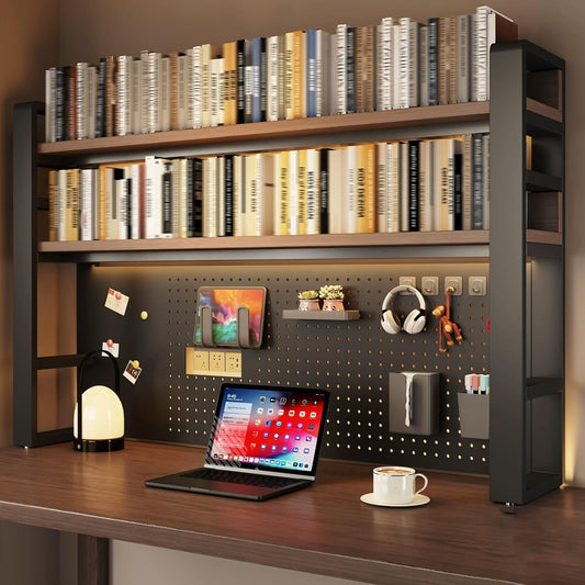 2-Tier Computer Desktop Bookshelf, Metal and Wood Desk Organizer Shelf with Pegboard, Small Freestanding Rack for Gaming, Study, and Display, for Home Office and Dorm