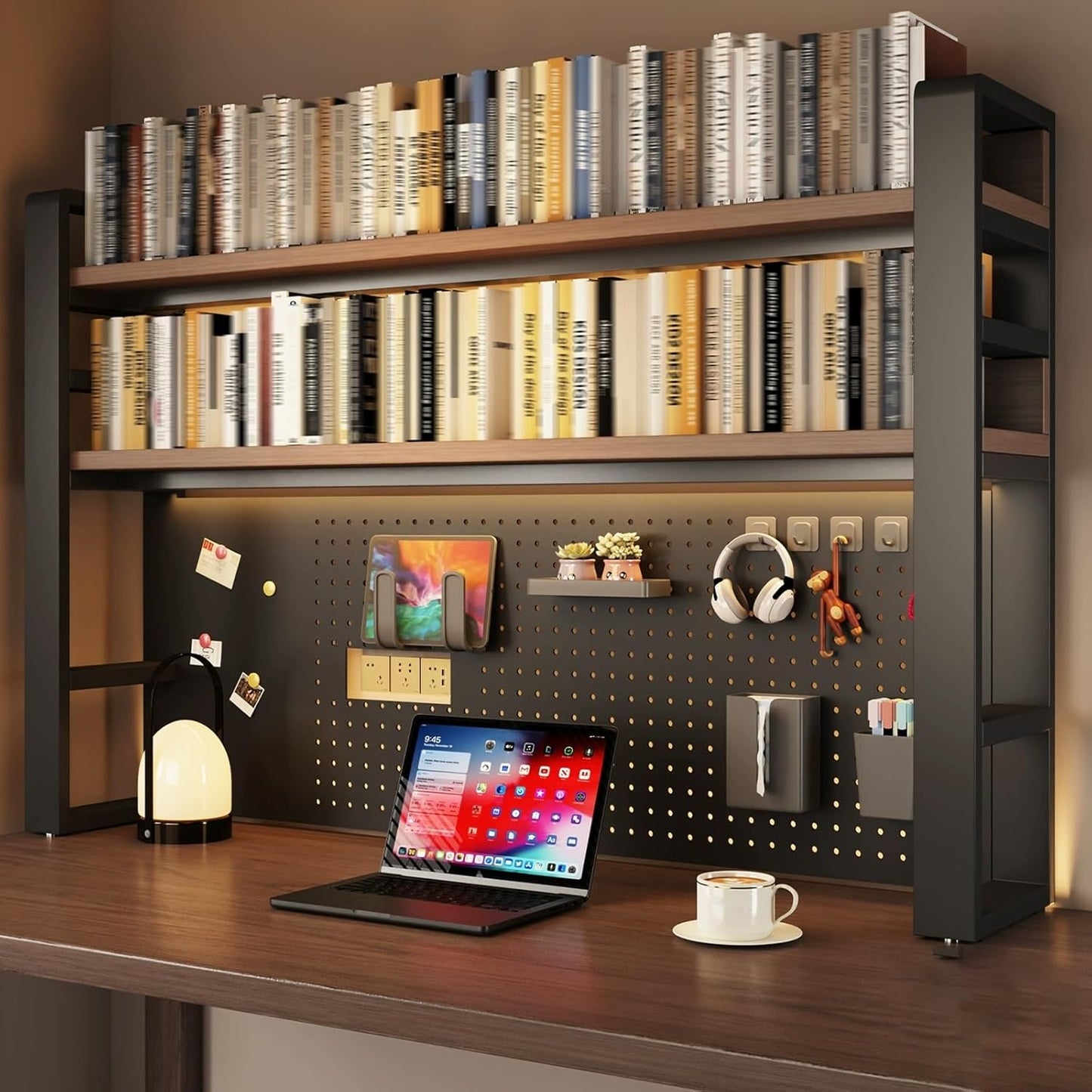 2-Tier Computer Desktop Bookshelf, Metal and Wood Desk Organizer Shelf with Pegboard, Small Freestanding Rack for Gaming, Study, and Display, for Home Office and Dorm