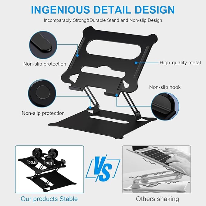 Laptop Stand Height Adjustable Foldable Holder Aluminium Alloy Ergonomic Notebook Ventilated Foldable Height Adjustable with Hollow Design with Storage Hole
