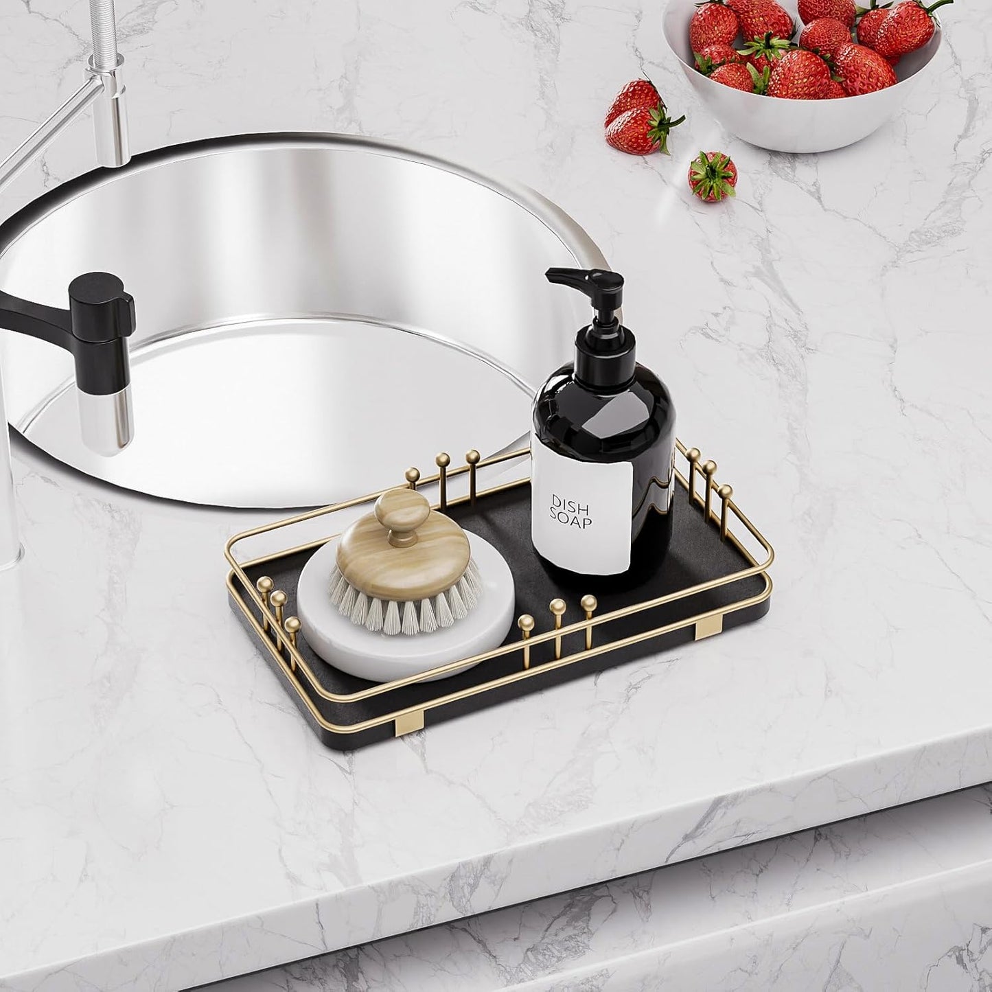 Bathroom Vanity Tray for Toiletries Makeup Perfume Candle Toilet Tank, Kitchen Tray for Soap Dispenser Spice Salt, Small Tray for Countertop Decor Coffee Nightstand 7.9”x4.4” Black-Gold