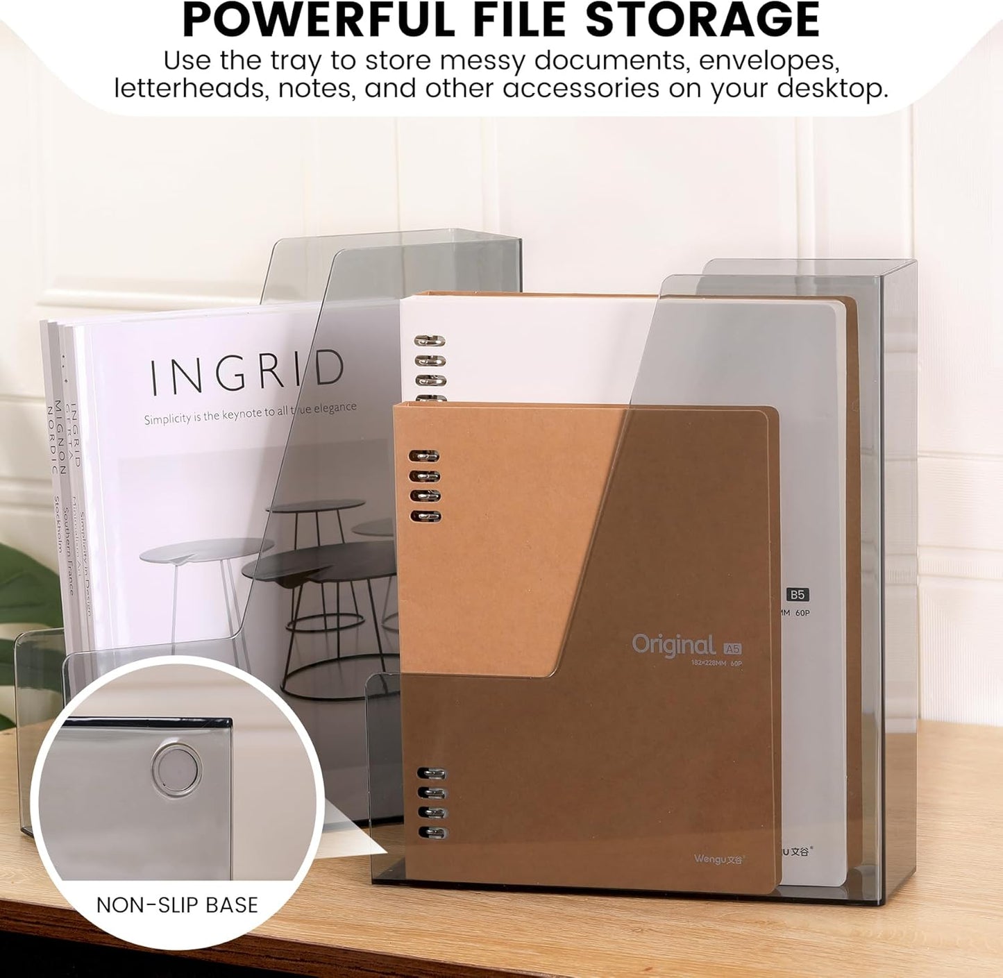 Vertical File Holder, PET Desk Organizer and Storage Bins Holding for Magazines, Binders, Notebooks, Envelopes, Papers, Multi-purpose Plastic Document Organizer for Home Office, Black, 4 Pack