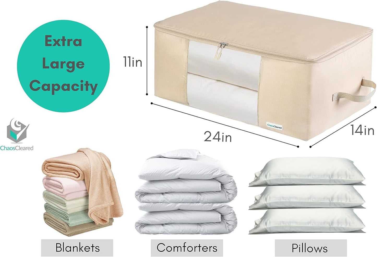 Comforter Storage Bag - Folding Organizer bag for King/Queen Comforters, Pillows, Blankets, Bedding/Quilt, Blanket, Duvet, Mothproof Space Saver; Large Collapsible Organizers, 24"x14"x11"