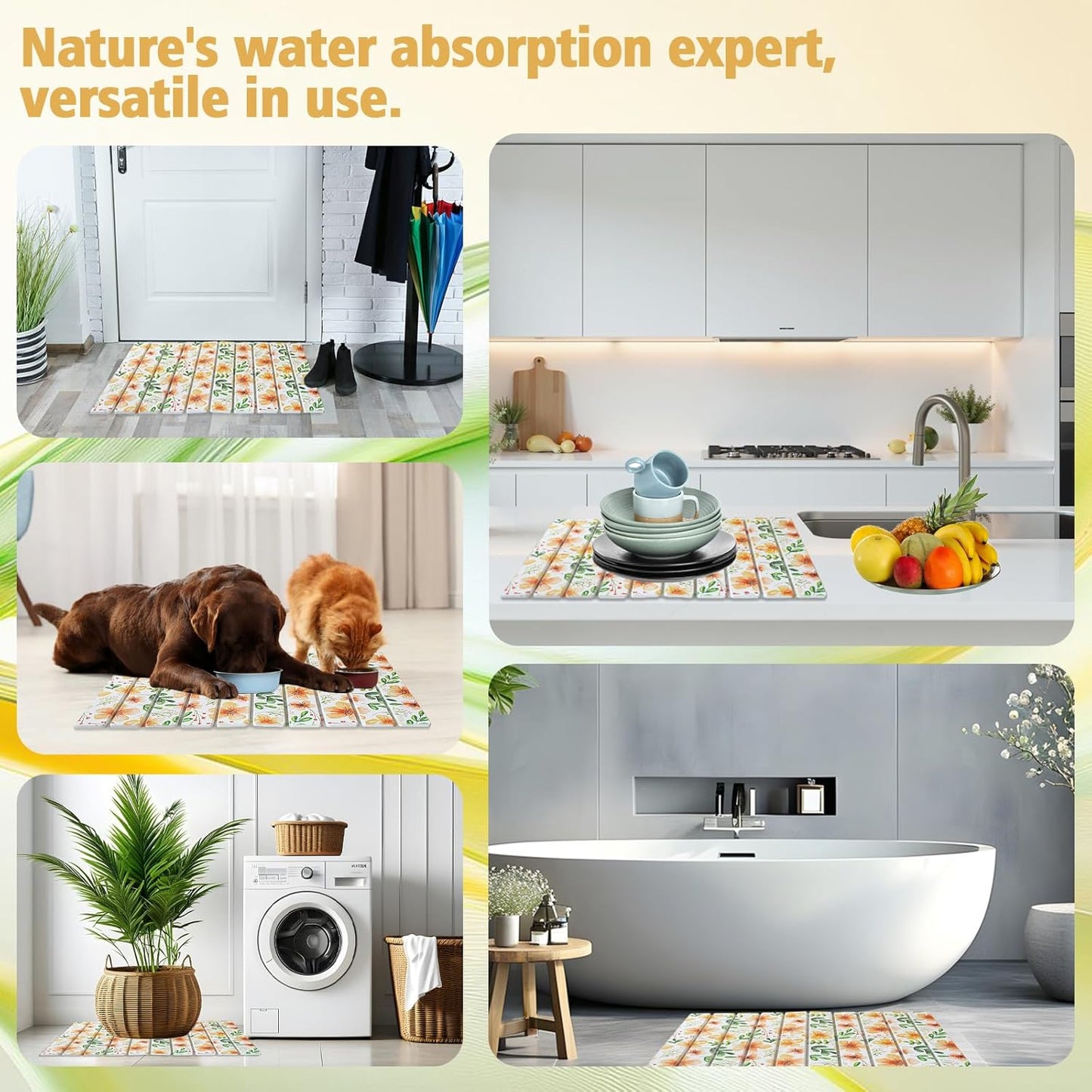 Stone Dish Drying Mat for Kitchen Counter, 24×16" Floral Diatomaceous Earth Drying Stone Mat, Foldable Quick Dry Kitchen Flower Stone Mat for Countertops, Bathroom, Sink & Home Decor