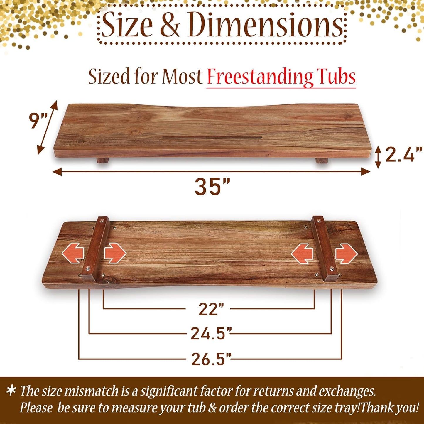 Premium 1.2IN Thickened Board Acacia Wood Bathtub Tray Caddy with Adjustable Legs, Minimalistic Design Bath Tray for Tub, Bathtub Accessories, Fits Most Bath Tubs, Idea for Women